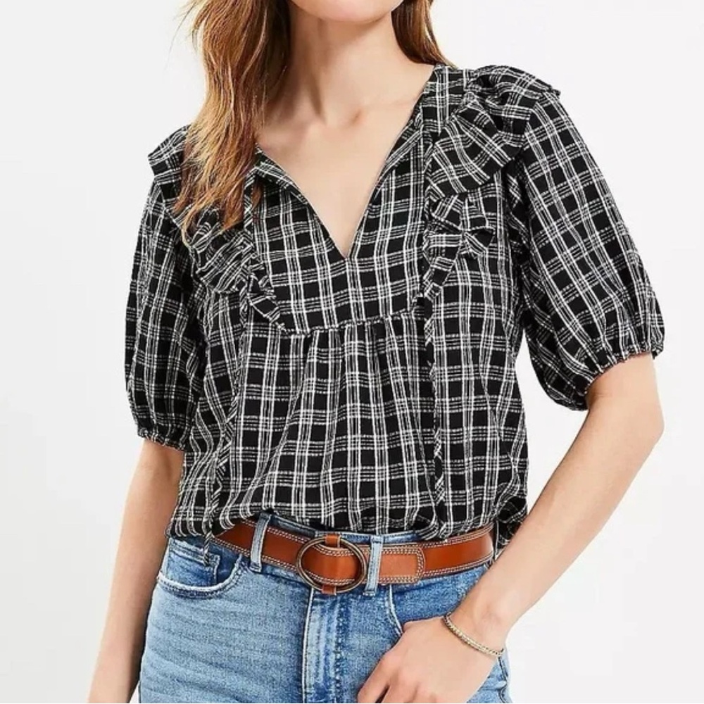 LOFT Black and White Checkered Blouse
